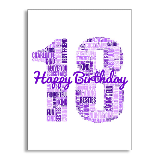 Personalised Number Word Cloud - Happy Birthday - Purple