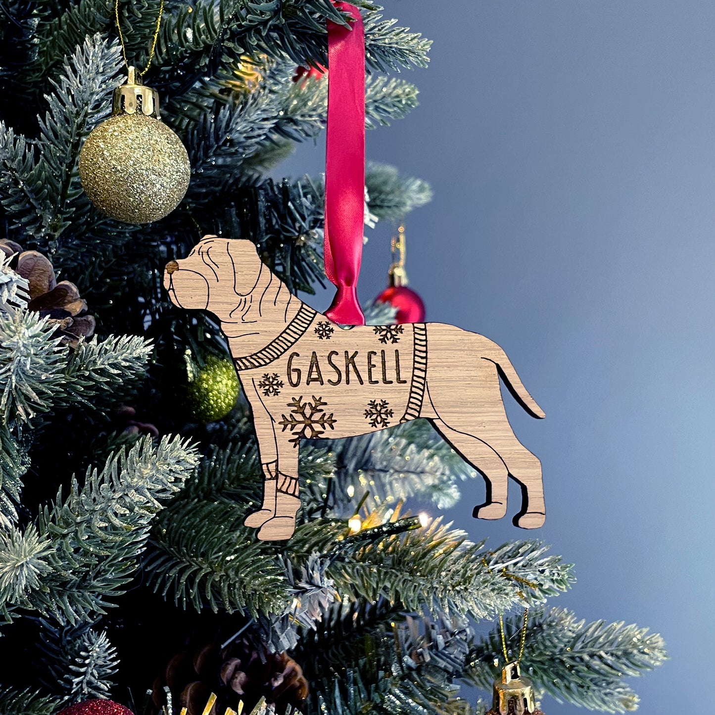 Wooden Dog Bauble Personalised French Mastiff Bauble Jumper Dog Bauble - Oak Veneer Wood - Add any name: French Mastiff