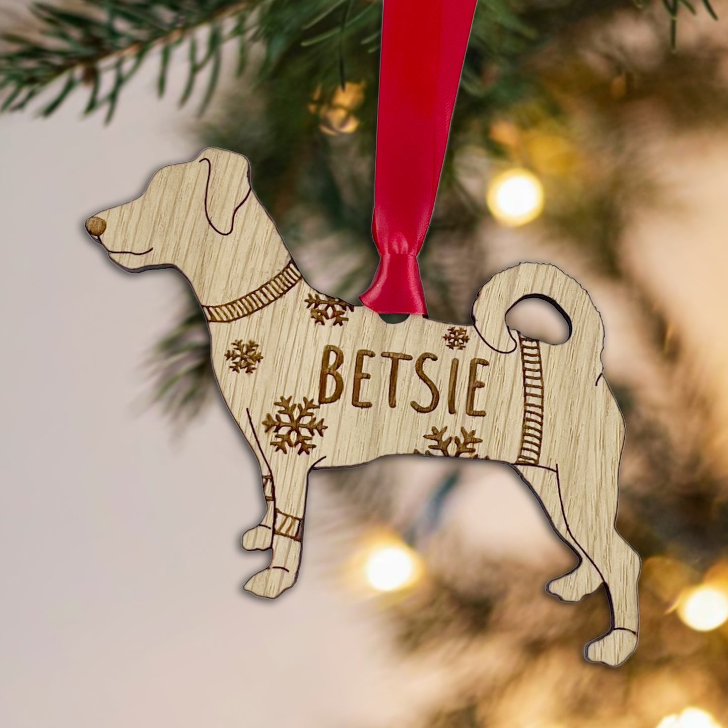 Personalised Jack Russell Bauble Jumper Dog Bauble - Oak Veneer Wood - Add any name