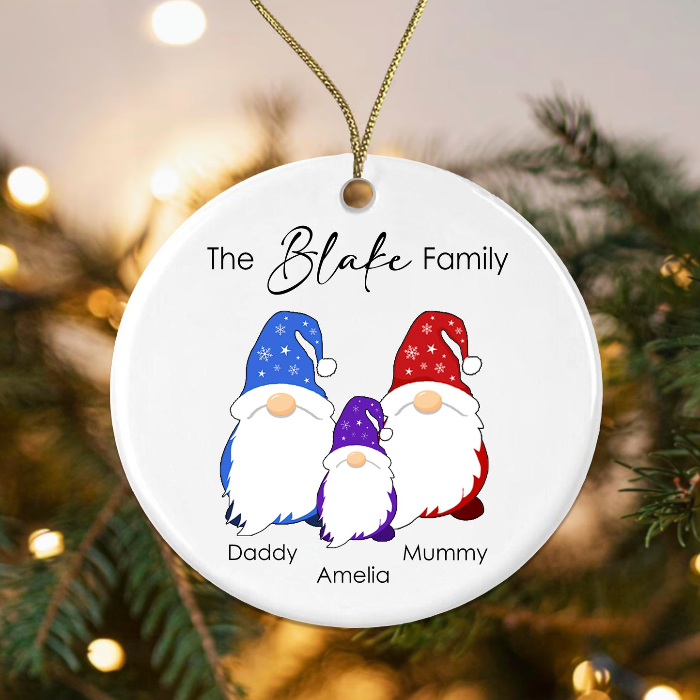 Personalised Gonk Family Christmas Bauble Ceramic - 1 Childs Name + Surname Gift Boxed