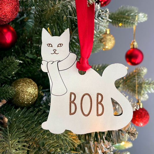 Personalised Wooden Cat with Scarf Christmas Tree Bauble Decoration