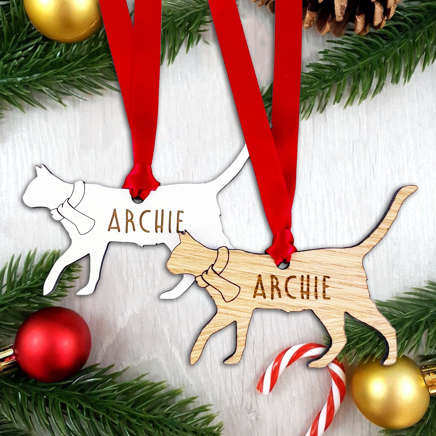 Personalised Cat Wooden Tree Bauble Decoration - Add any name!