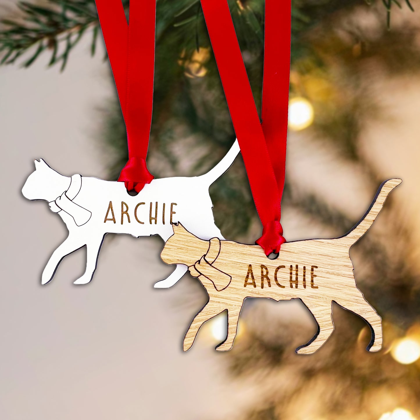 Personalised Cat Wooden Tree Bauble Decoration - Add any name!