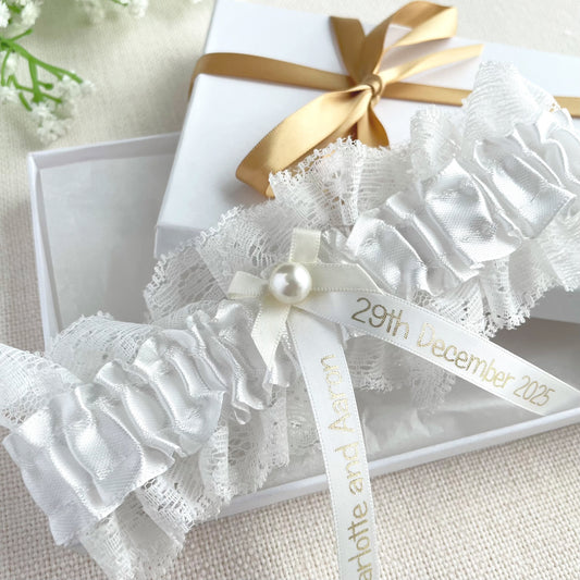 Personalised Garter White with Gold Text