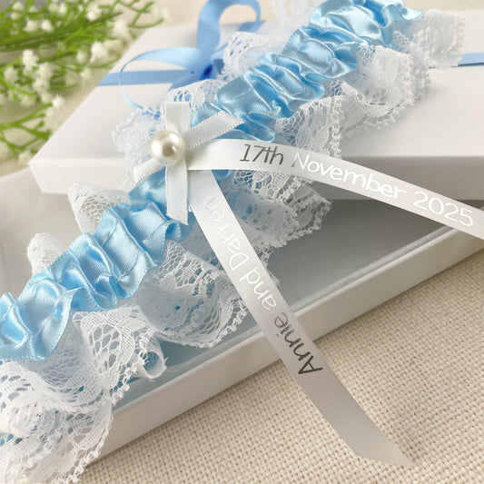 Personalised Garter White and Blue with Silver Text