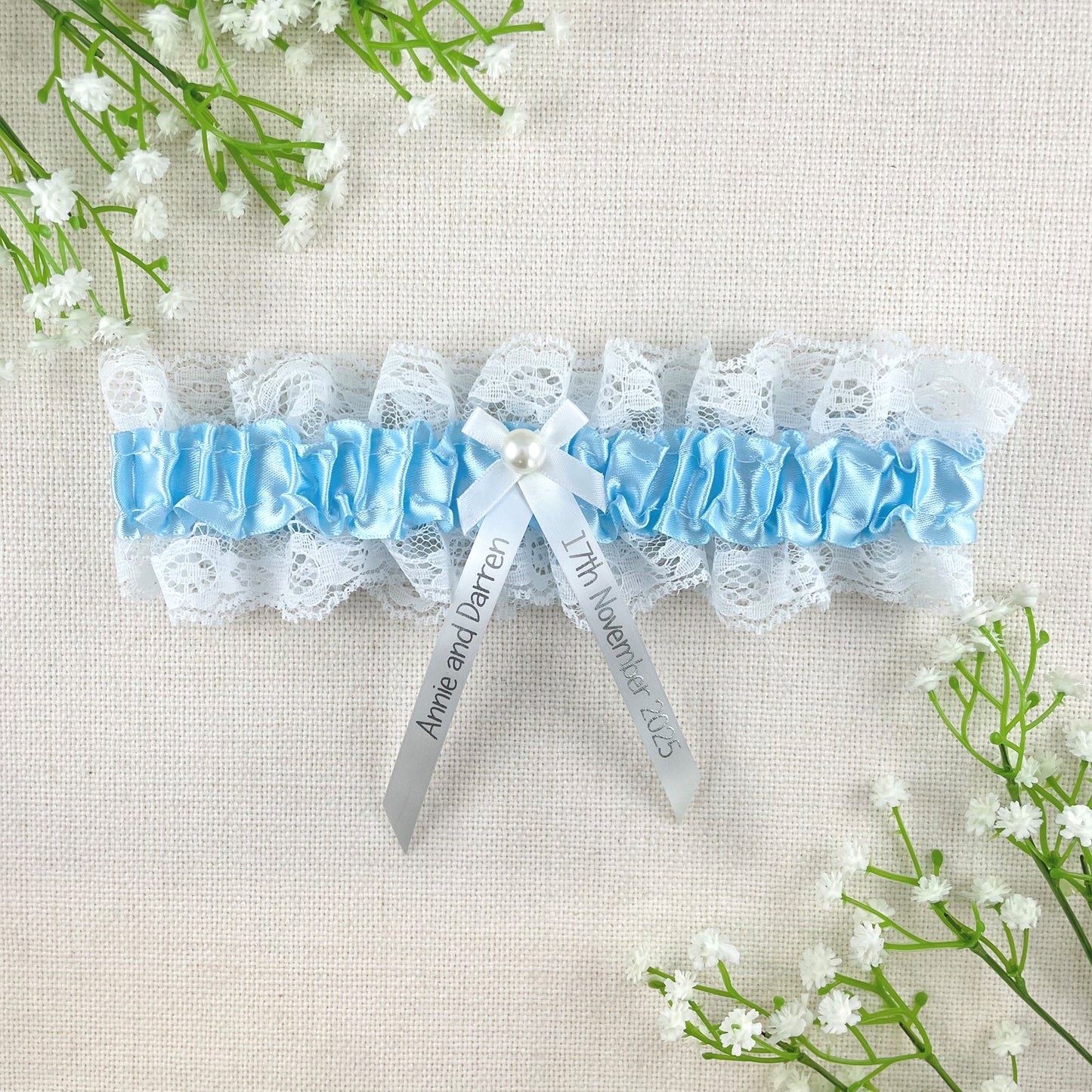 Personalised Garter White and Blue with Silver Text