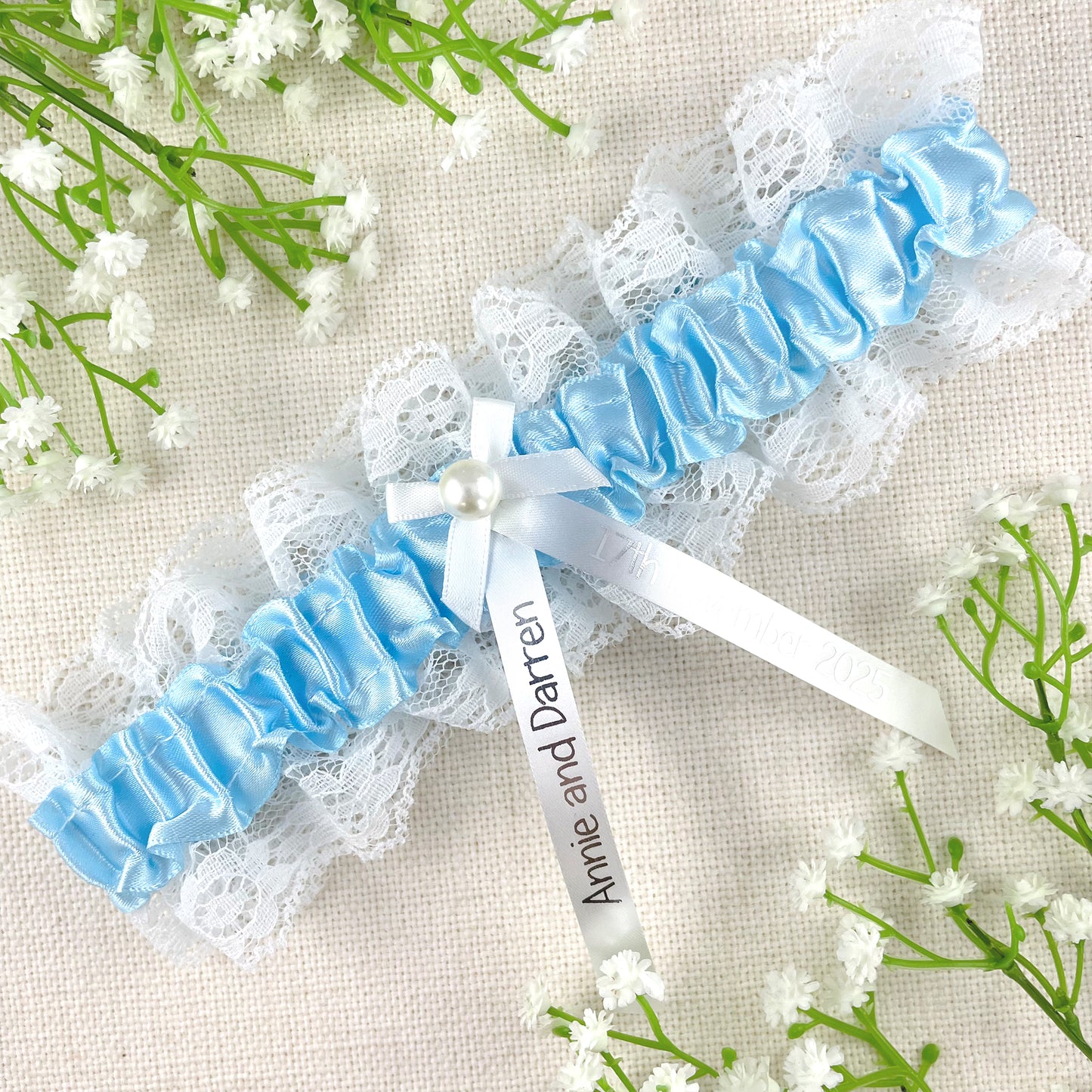 Personalised Garter White and Blue with Silver Text