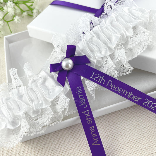 Personalised Garter Purple with Silver Text