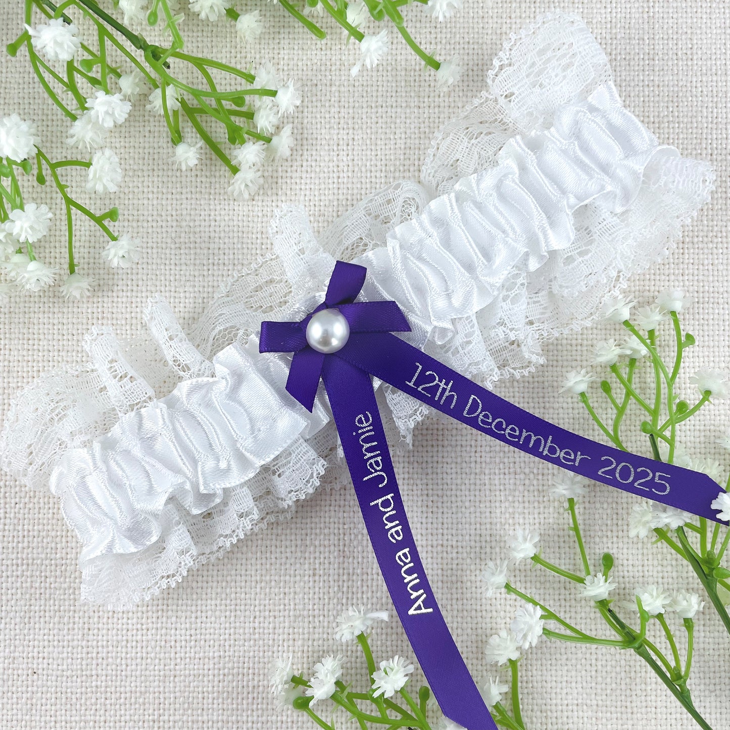 Personalised Garter Purple with Silver Text