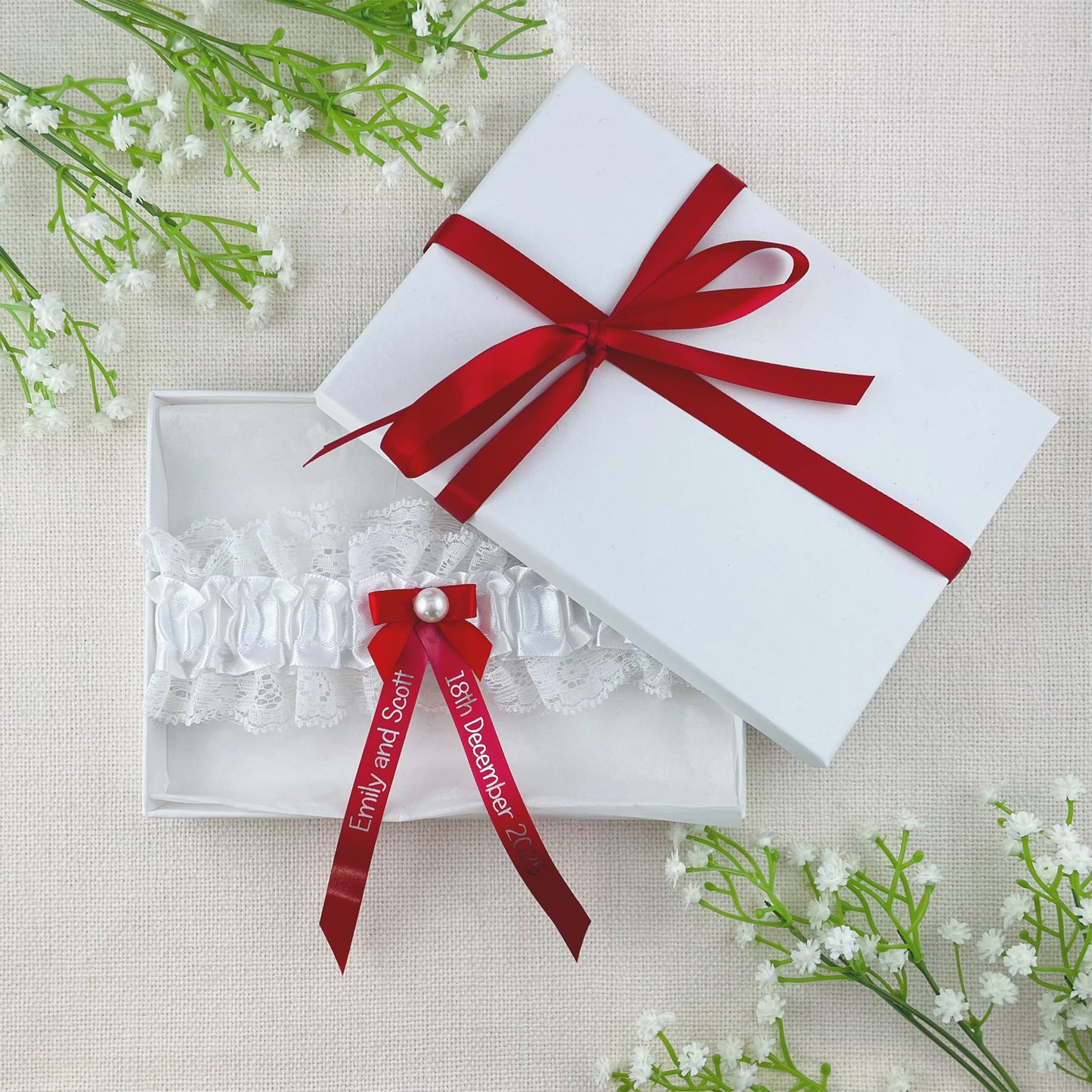 Personalised Garter Red with Silver Text
