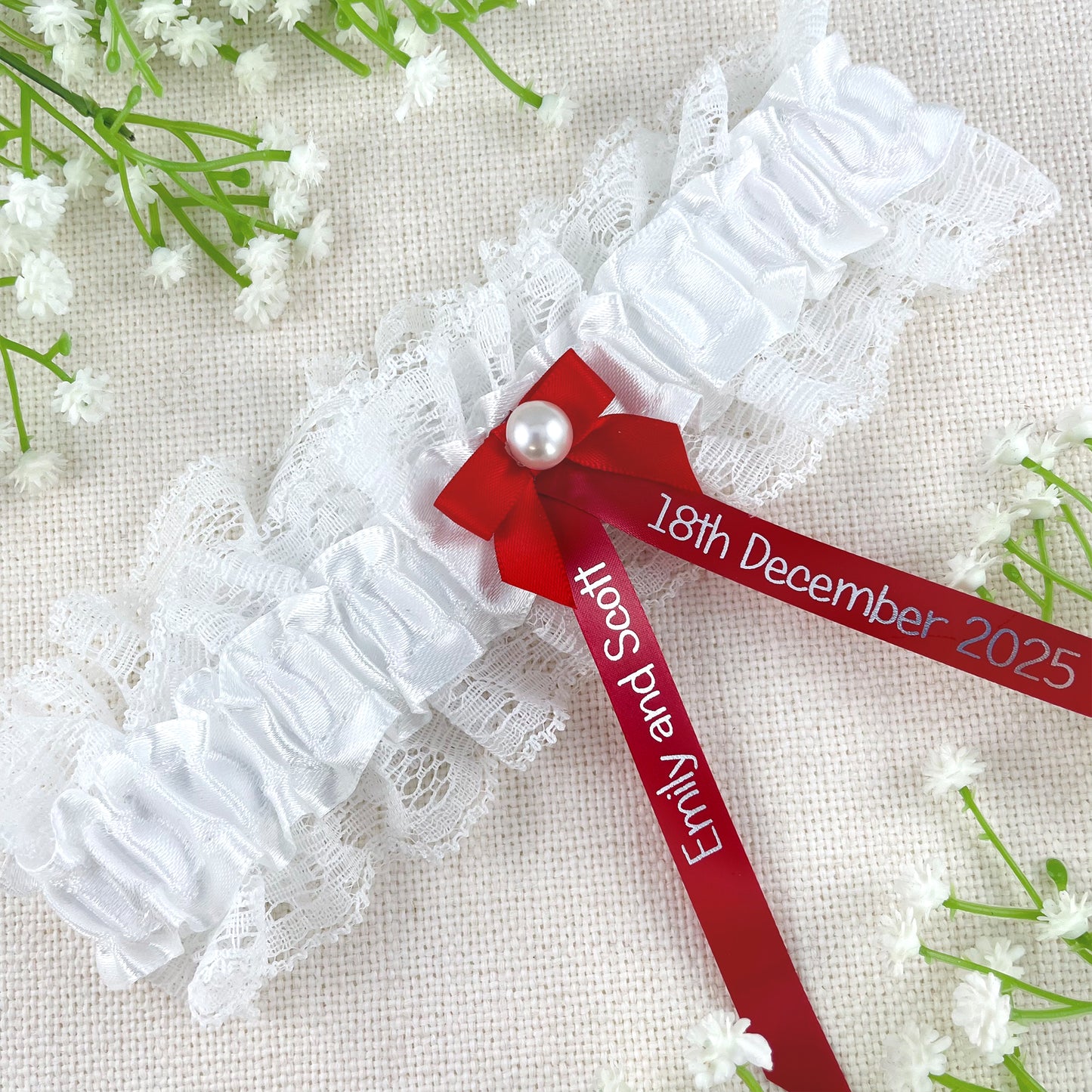 Personalised Garter Red with Silver Text
