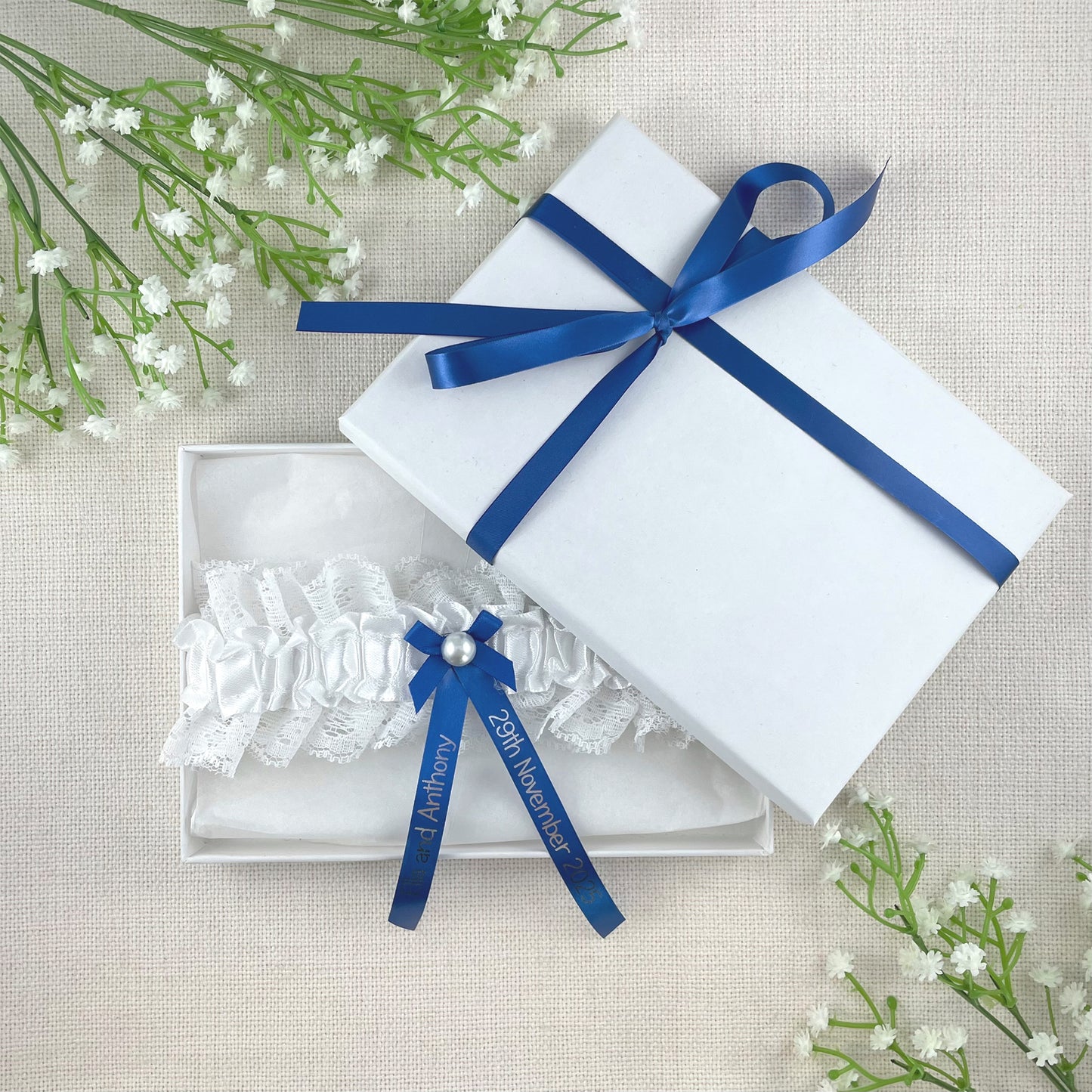 Personalised Garter Royal Blue with Silver Text