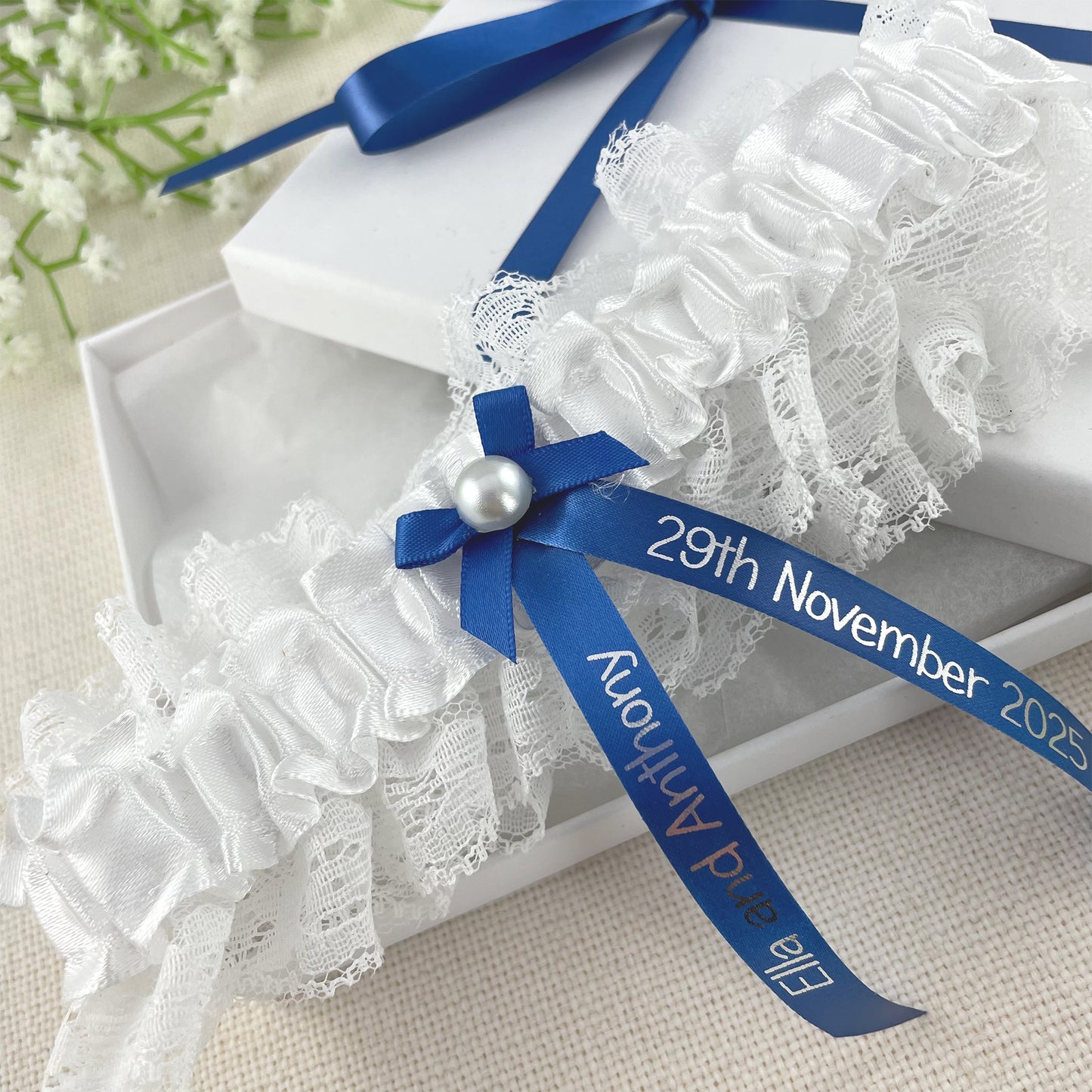 Personalised Garter Royal Blue with Silver Text