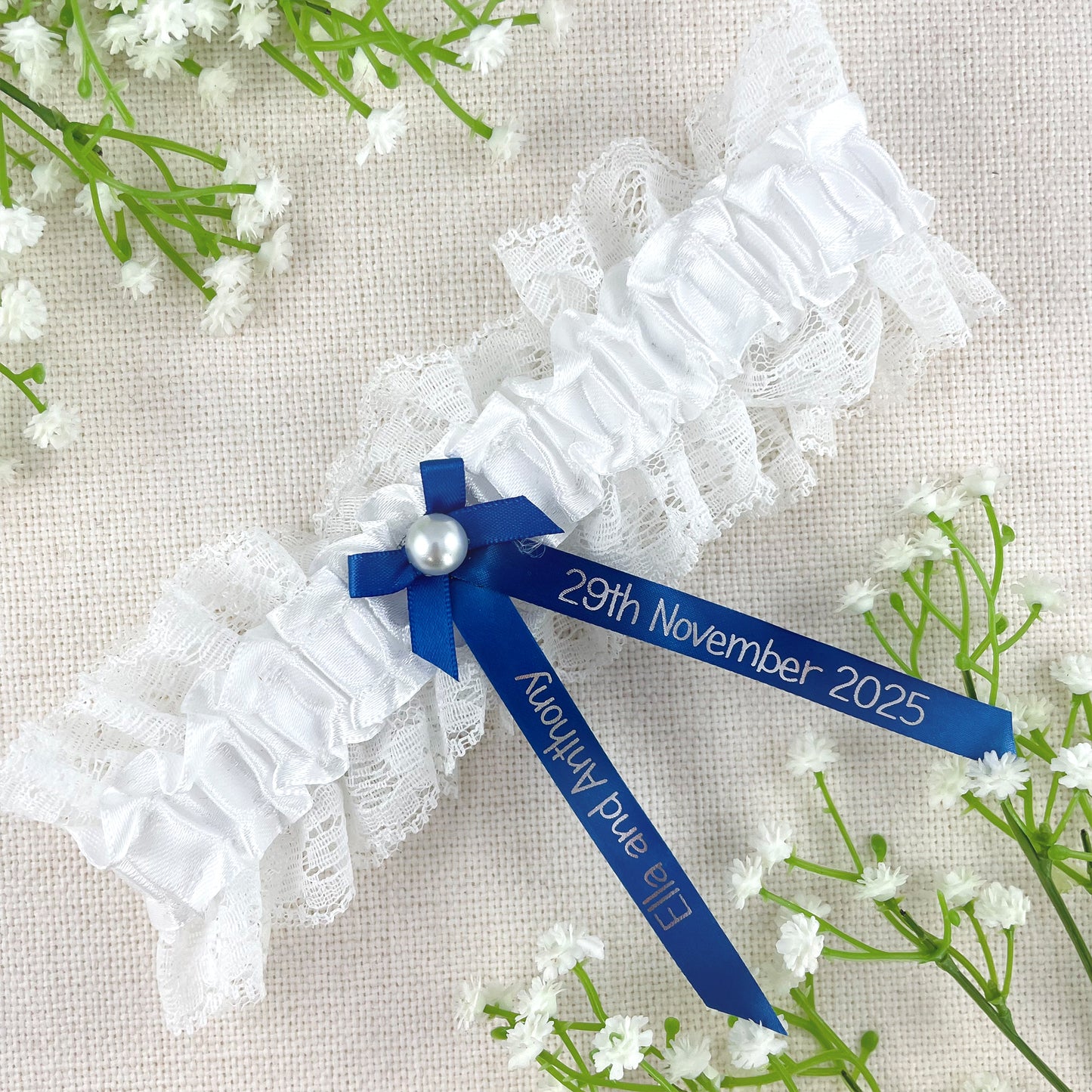 Personalised Garter Royal Blue with Silver Text