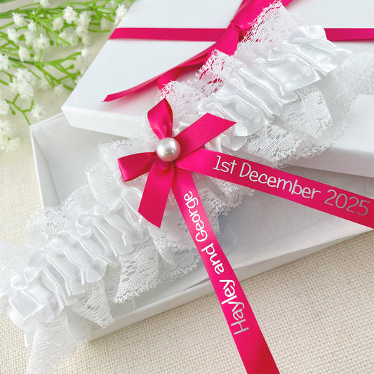 Personalised Garter Hot Pink with Silver Text