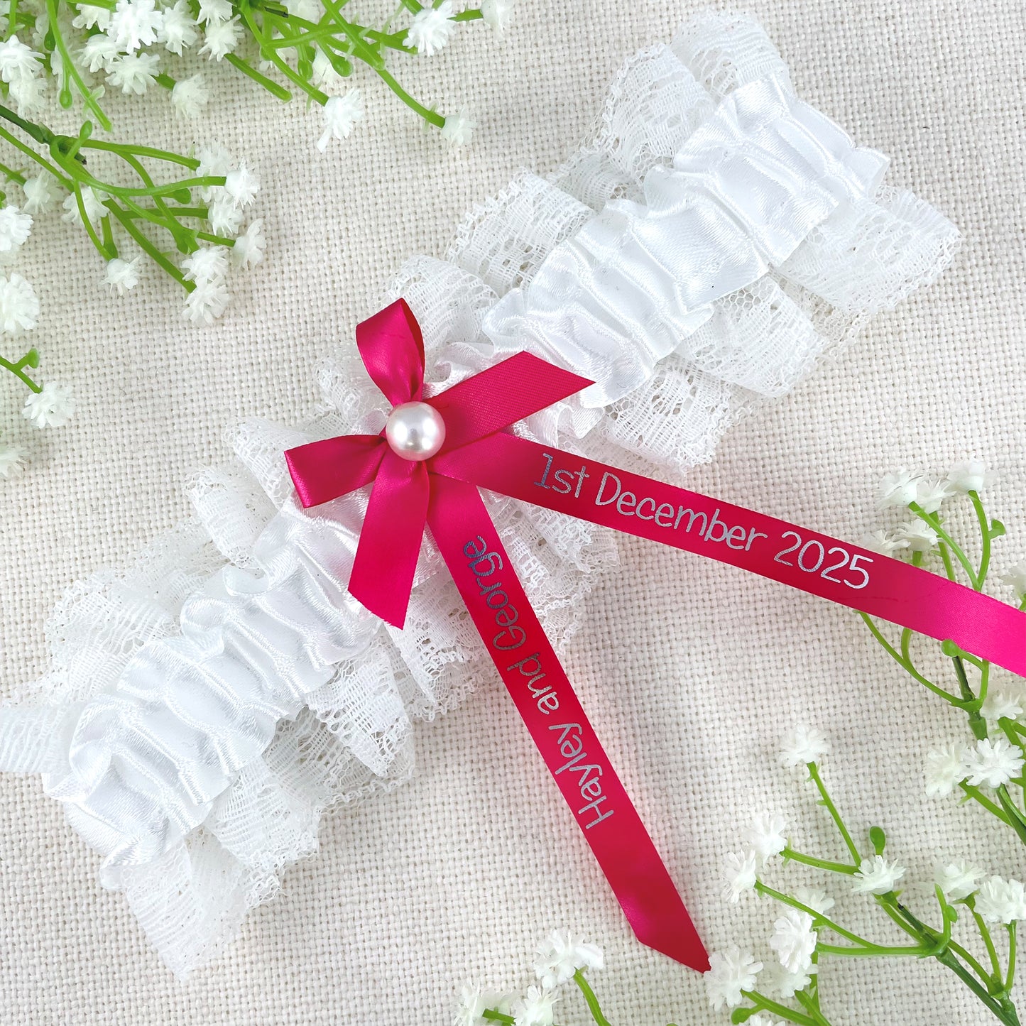 Personalised Garter Hot Pink with Silver Text