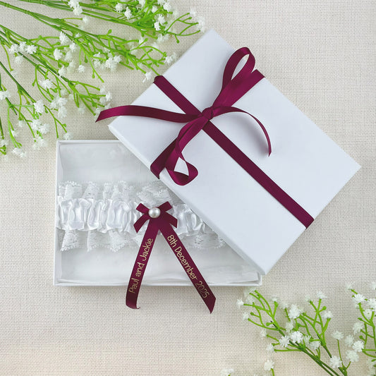 Personalised Garter Burgundy with Gold Text