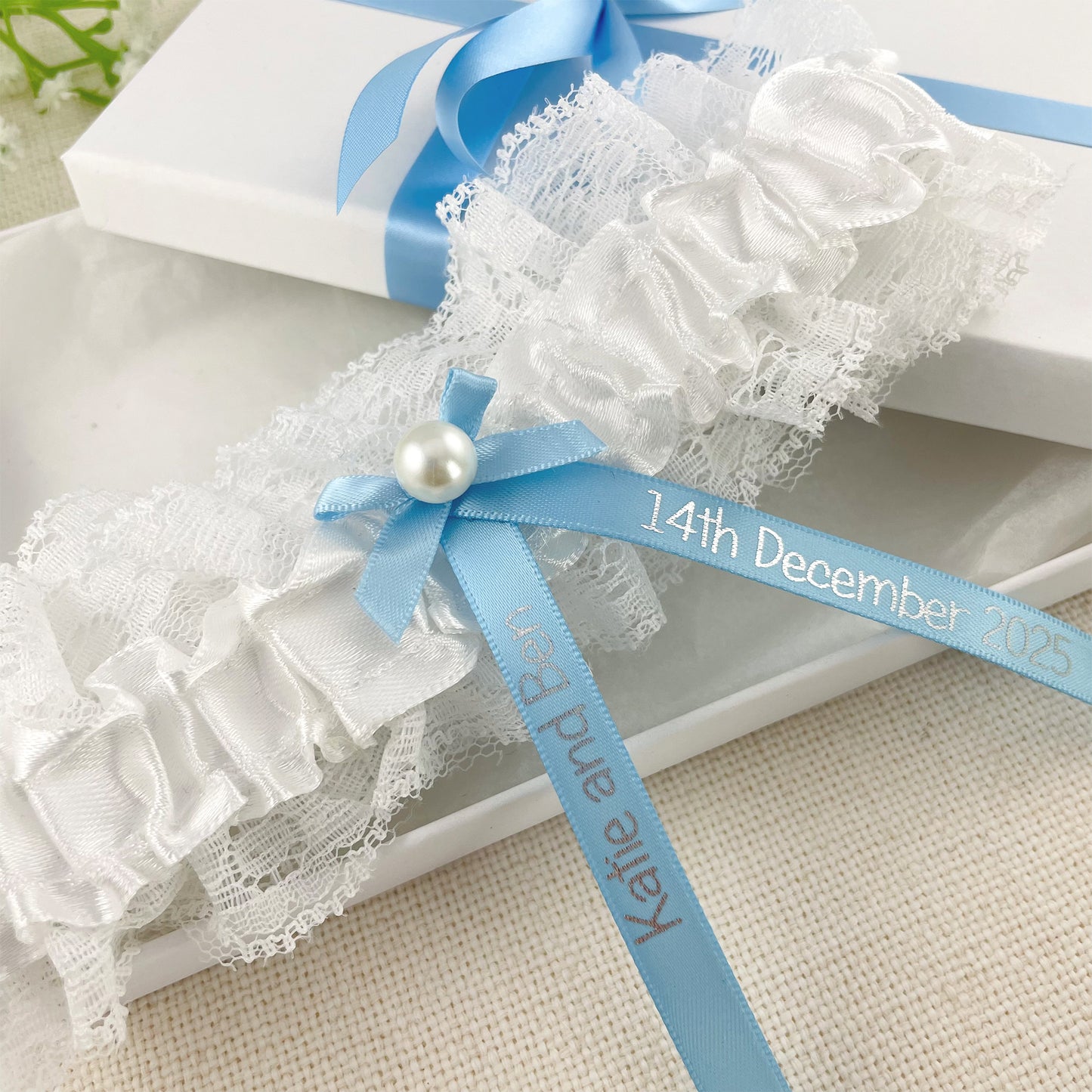 Personalised Garter Pale Blue with Silver Text