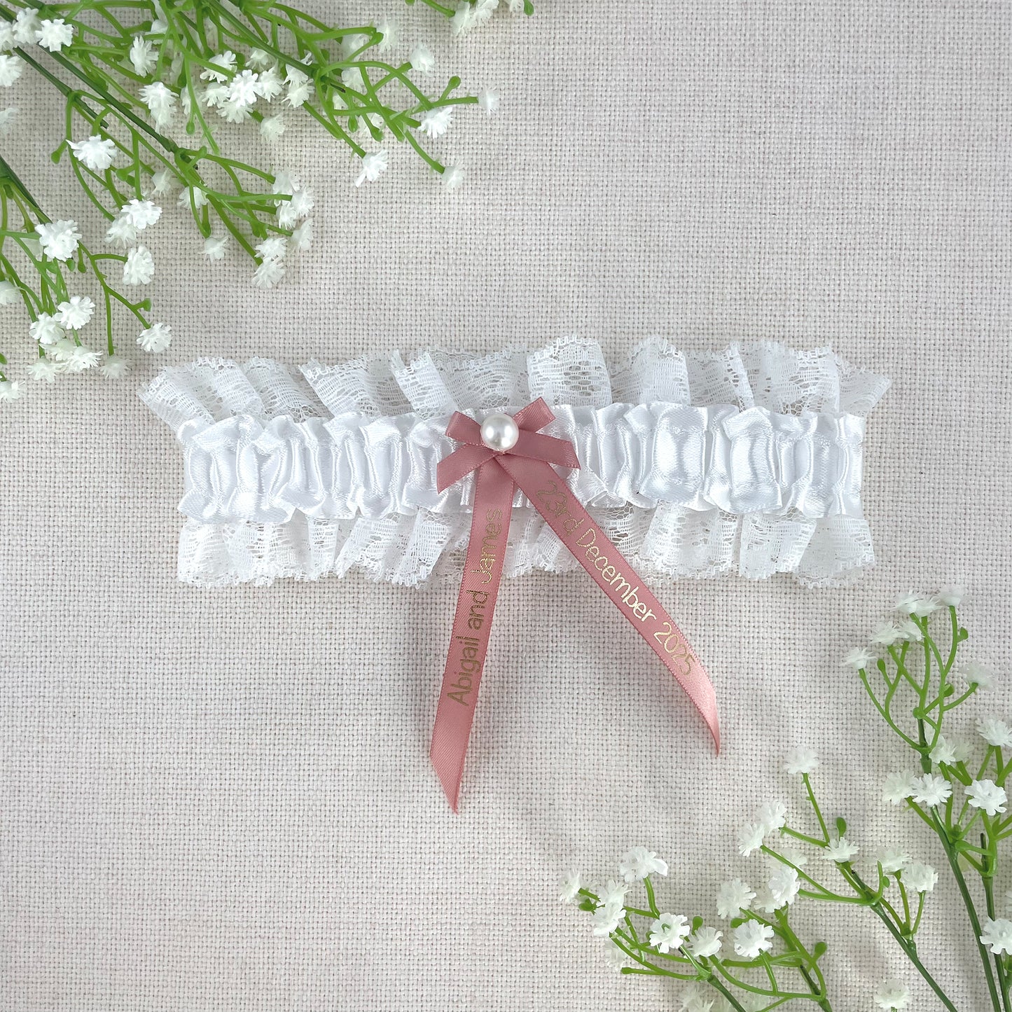 Personalised Garter Rose Gold with Gold Text