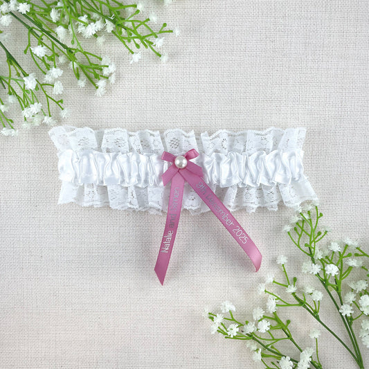 Personalised Garter Antique Pink with Silver Text