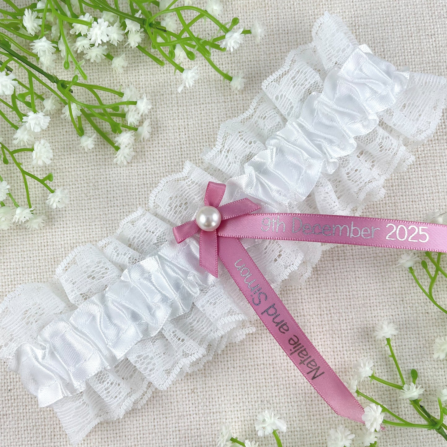 Personalised Garter Antique Pink with Silver Text