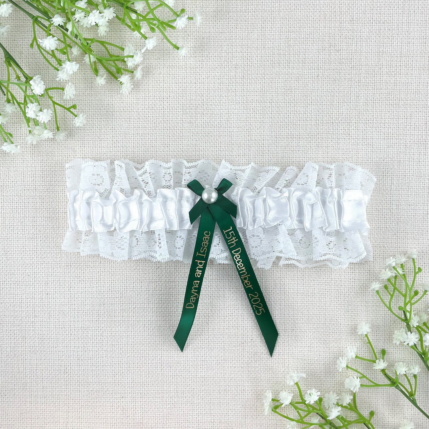 Personalised Garter Bottle Green with Gold Text