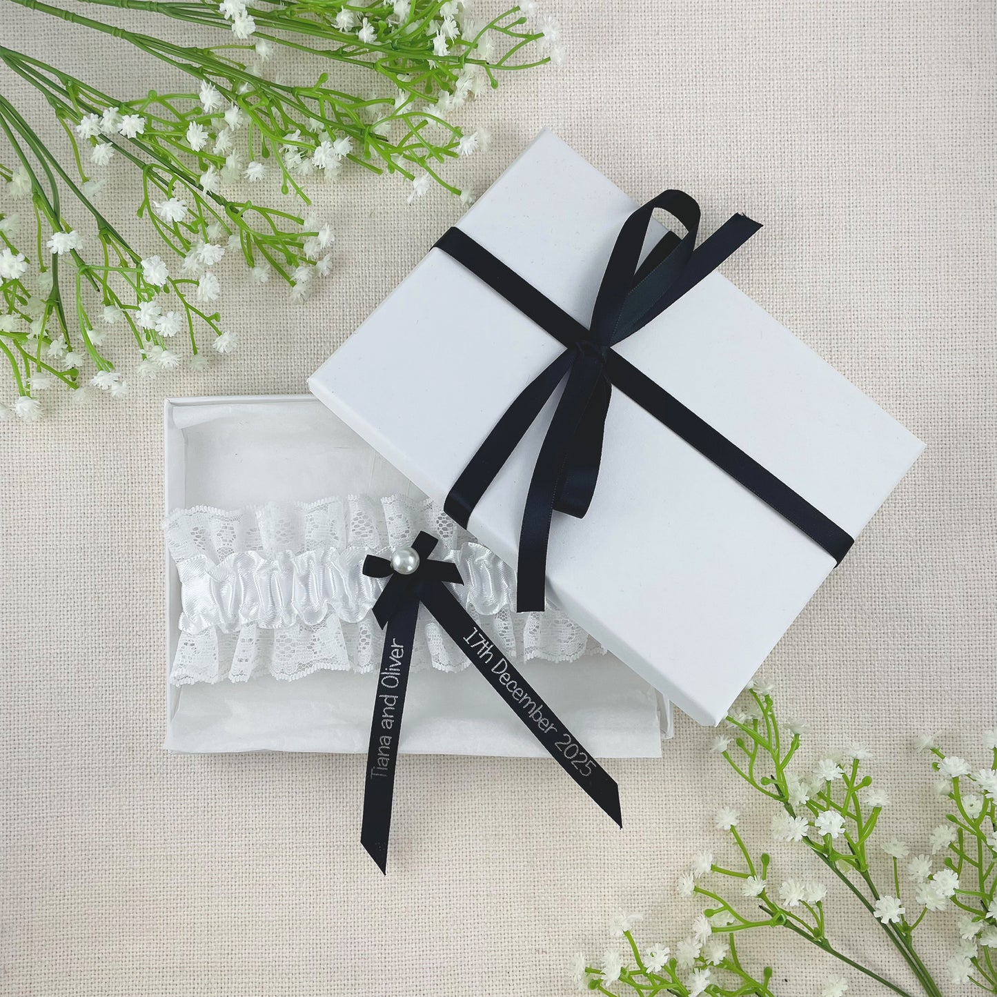 Personalised Garter Black with Silver Text