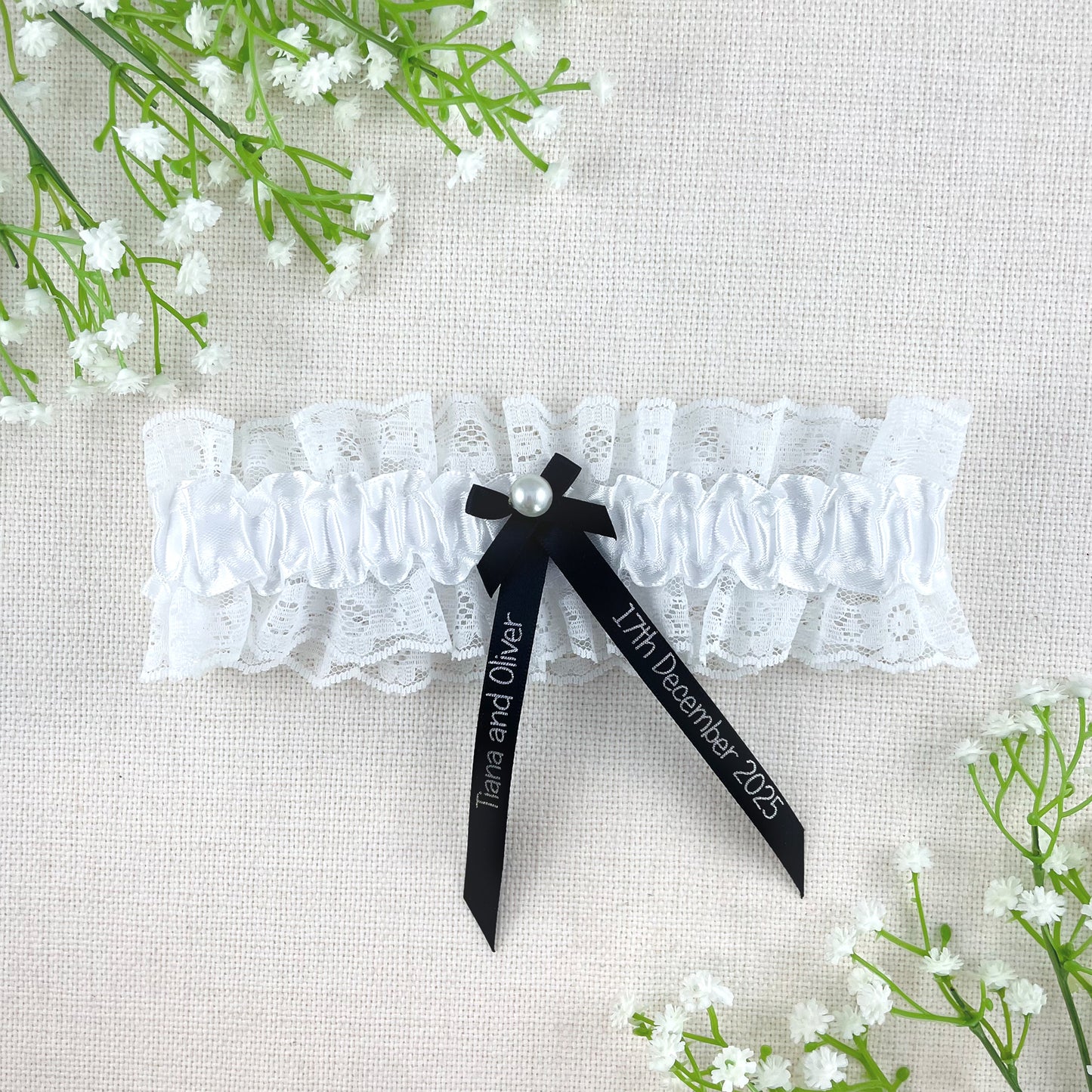 Personalised Garter Black with Silver Text