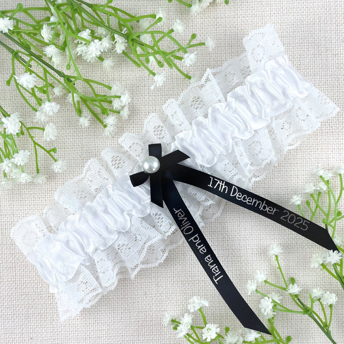 Personalised Garter Black with Silver Text