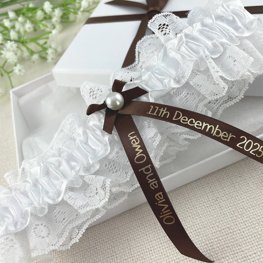 Personalised Garter Brown with Gold Text