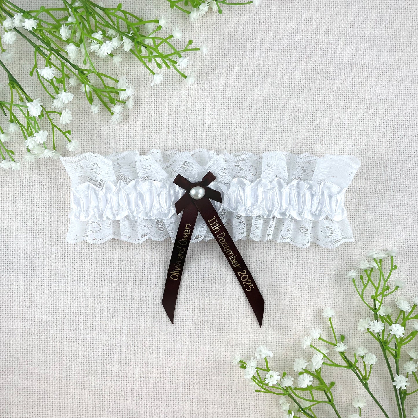 Personalised Garter Brown with Gold Text