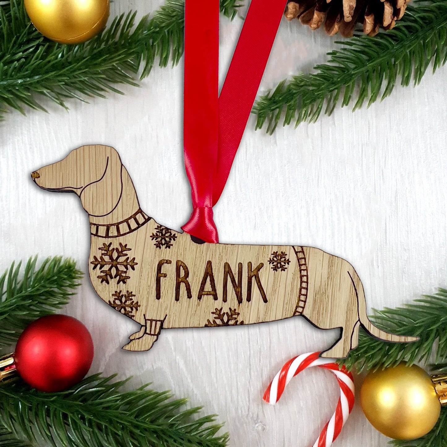 Personalised Dachshund Bauble Jumper Dog Bauble - Oak Veneer Wood - Add any name