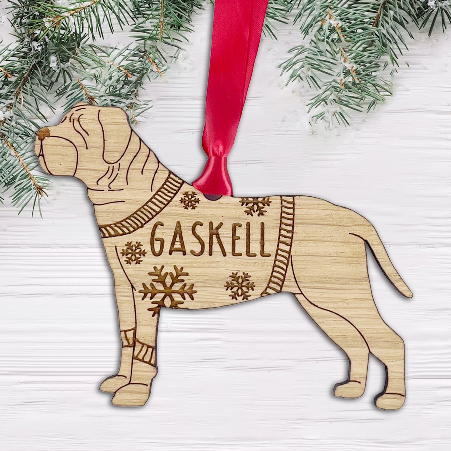 Wooden Dog Bauble Personalised French Mastiff Bauble Jumper Dog Bauble - Oak Veneer Wood - Add any name: French Mastiff