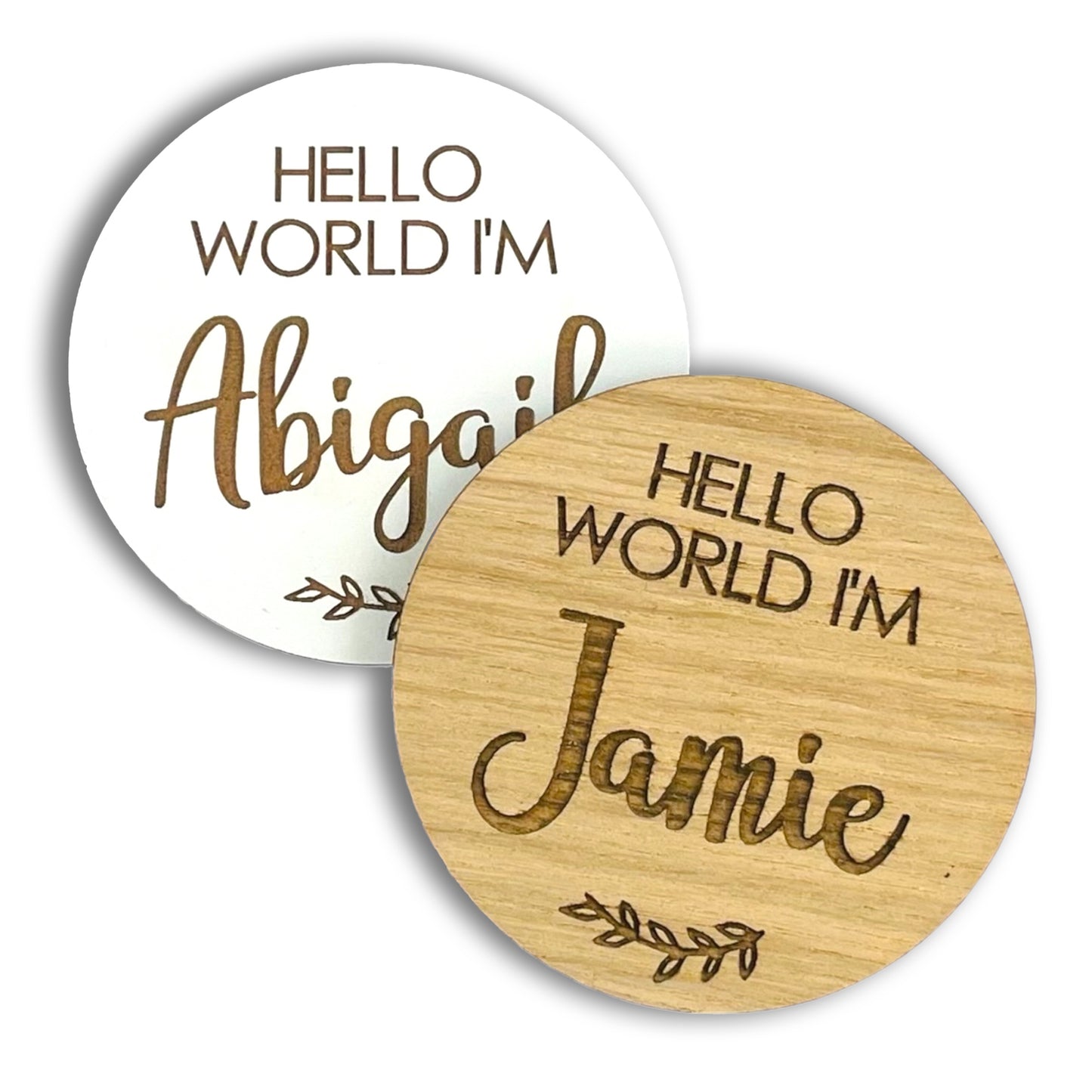 Personalised 'Hello World I'm Name' Disk | Sustainable Wooden Oak | Pregnancy Announcement Disk Baby Arrival Shower - Add Any Name!