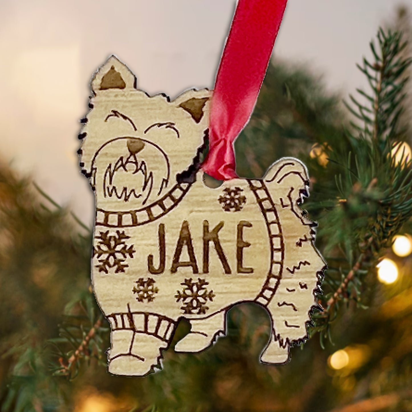 Personalised Yorkshire Terrier Bauble Jumper Dog Bauble - Oak Veneer Wood - Add any name