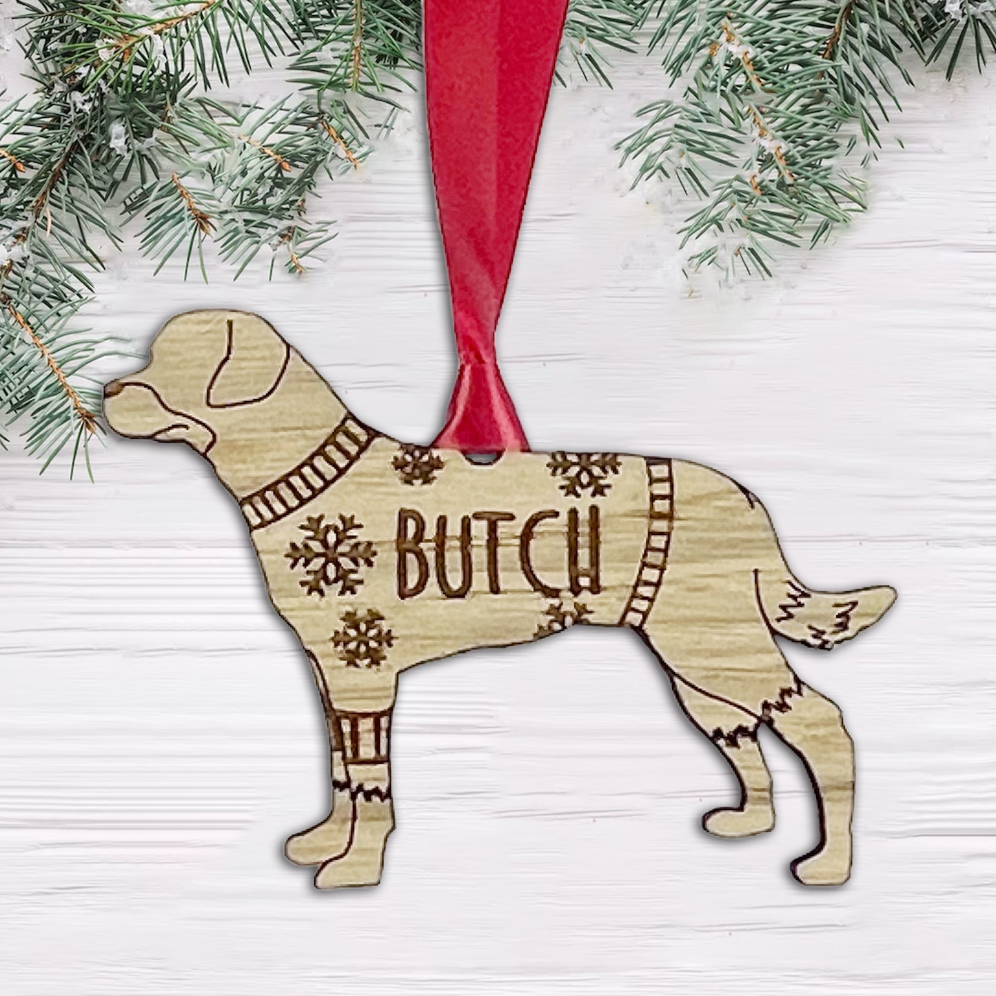 Personalised Rottweiler Bauble Jumper Dog Bauble - Oak Veneer Wood - Add any name