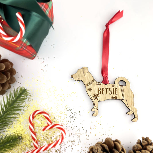 Personalised Jack Russell Bauble Jumper Dog Bauble - Oak Veneer Wood - Add any name