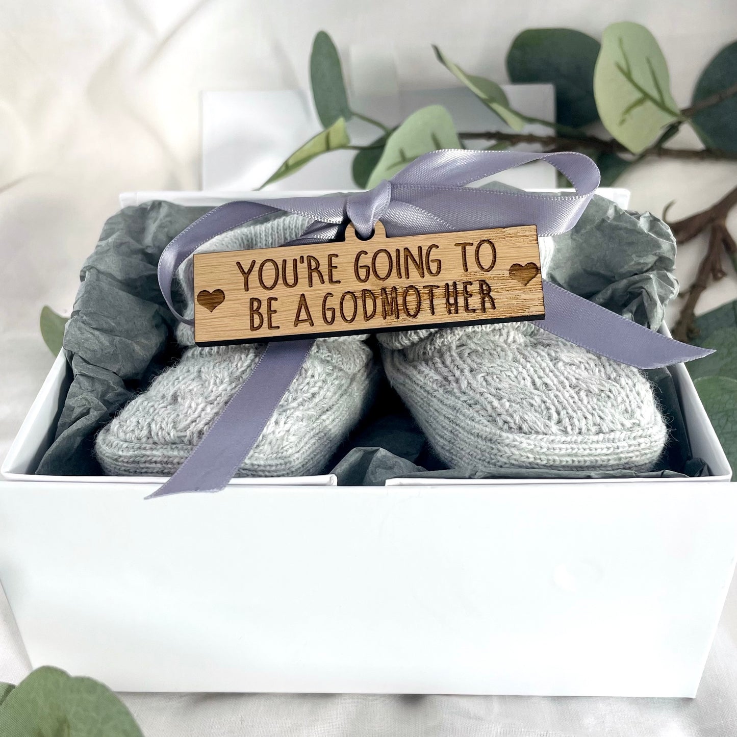 Guess What' Booties - Grey & Gift Boxed - "You're Going to Be..." - A Godmother