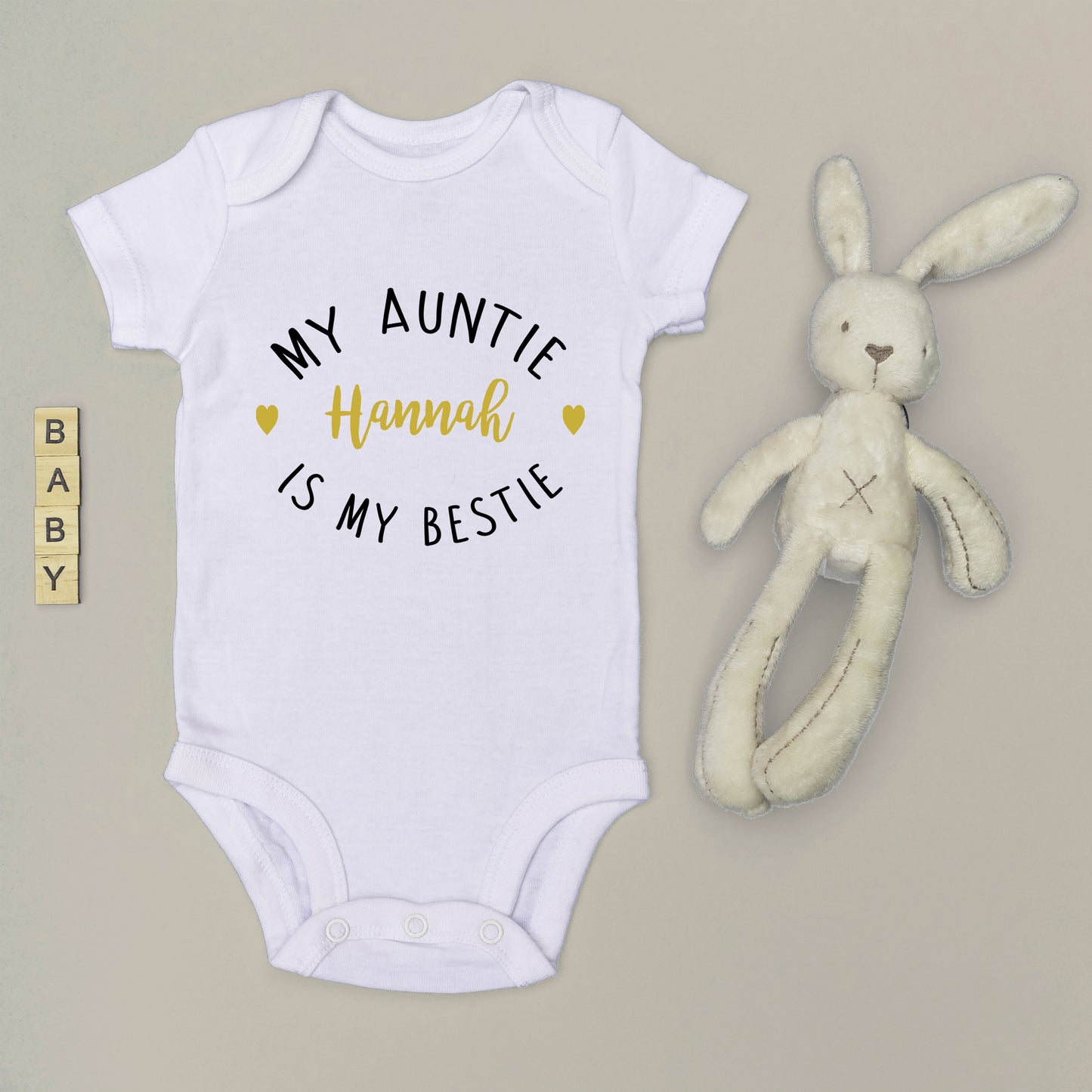 Personalised My Auntie is My Bestie Baby Grow Vest - Gold Text - New Baby - Baby Announcement