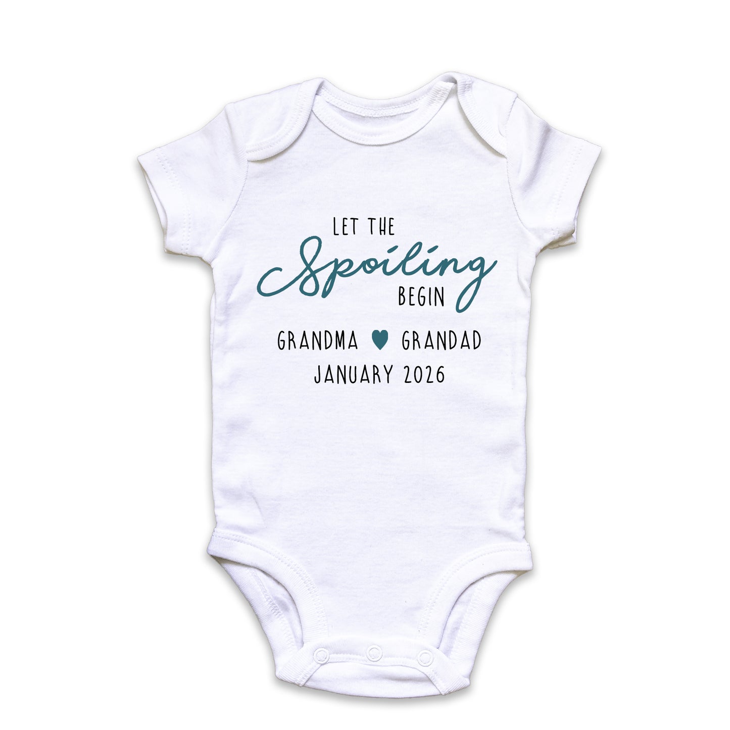 Personalised 'Let The Spoiling Begin' Baby Announcement Baby Grow Vest Add any Name and Date - First Outfit - Baby Shower - New Baby