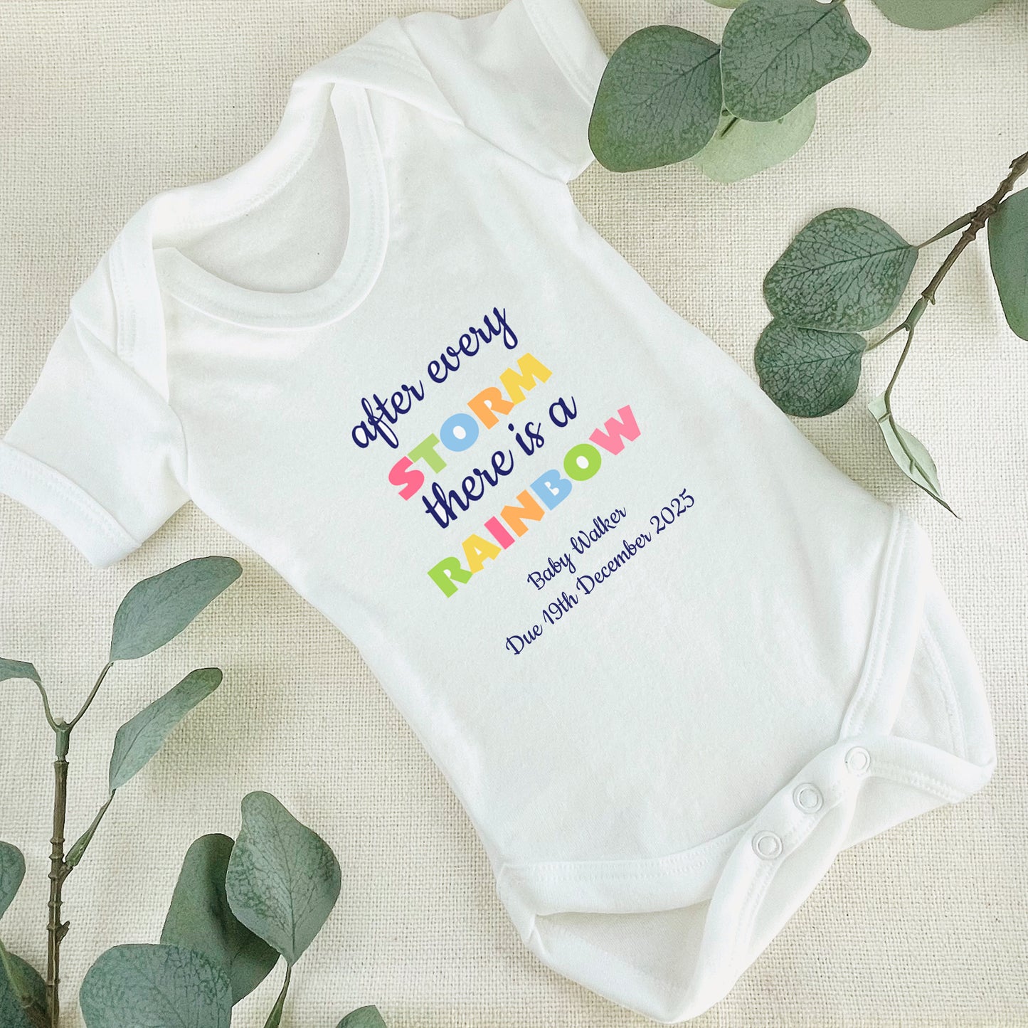 Personalised 'After Every Storm, There Is A Rainbow' Baby Announcement Baby Grow Vest Add any Name and Date - First Outfit - Rainbow Baby