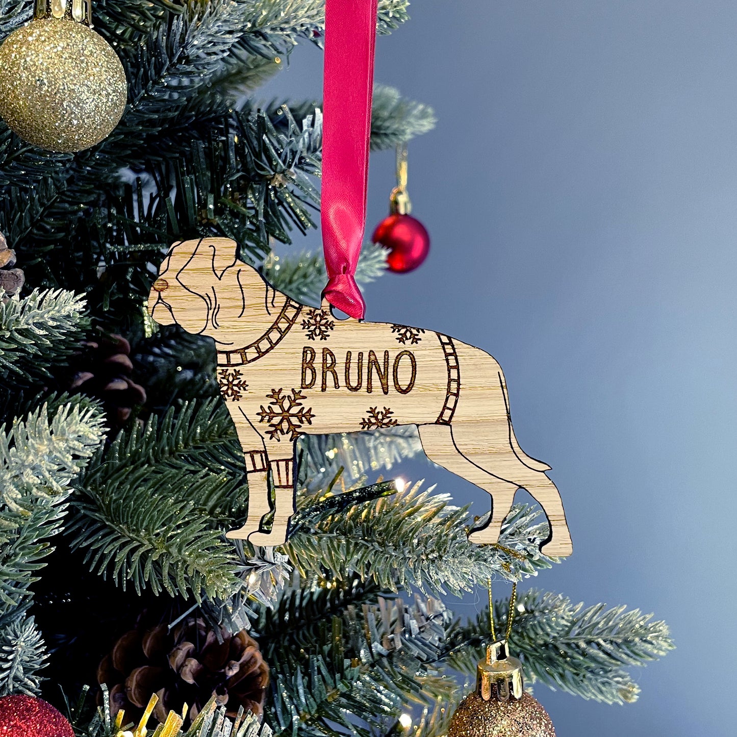 Personalised American Bulldog Bauble Jumper Dog Bauble - Oak Veneer Wood - Add any name