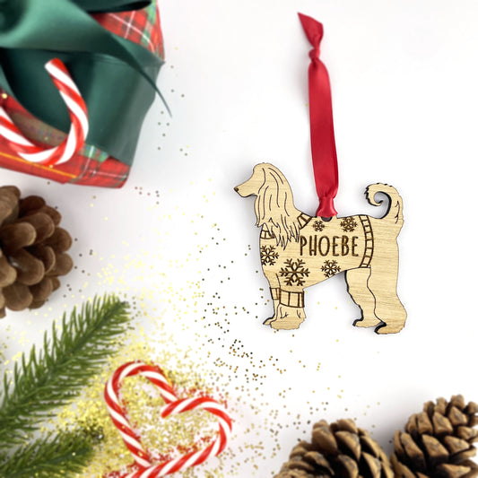 Personalised Afghan Hound Bauble Jumper Dog Bauble - Oak Veneer Wood - Add any name