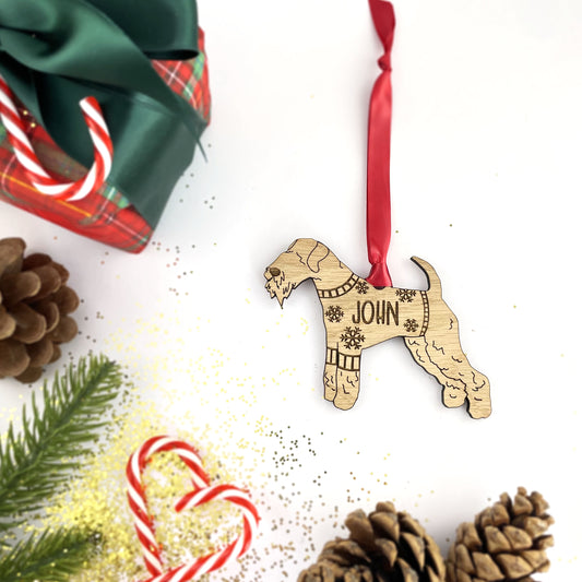 Personalised Lakeland Terrier Bauble Jumper Dog Bauble - Oak Veneer Wood - Add any name