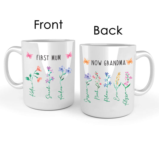 Personalised 'First Mum - Now Grandma' Flowers Mug - Mothers Day Gift for Mum and Grandma with Kids Names