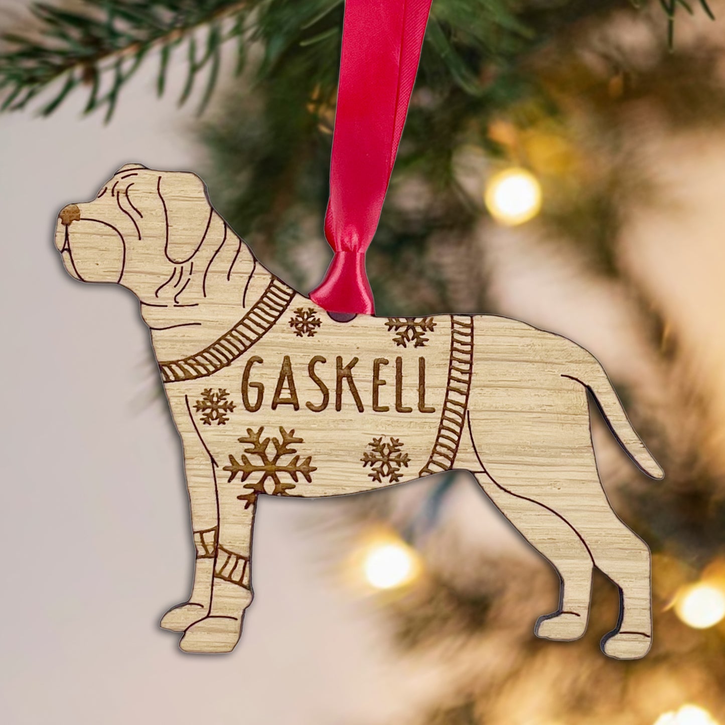 Wooden Dog Bauble Personalised French Mastiff Bauble Jumper Dog Bauble - Oak Veneer Wood - Add any name: French Mastiff