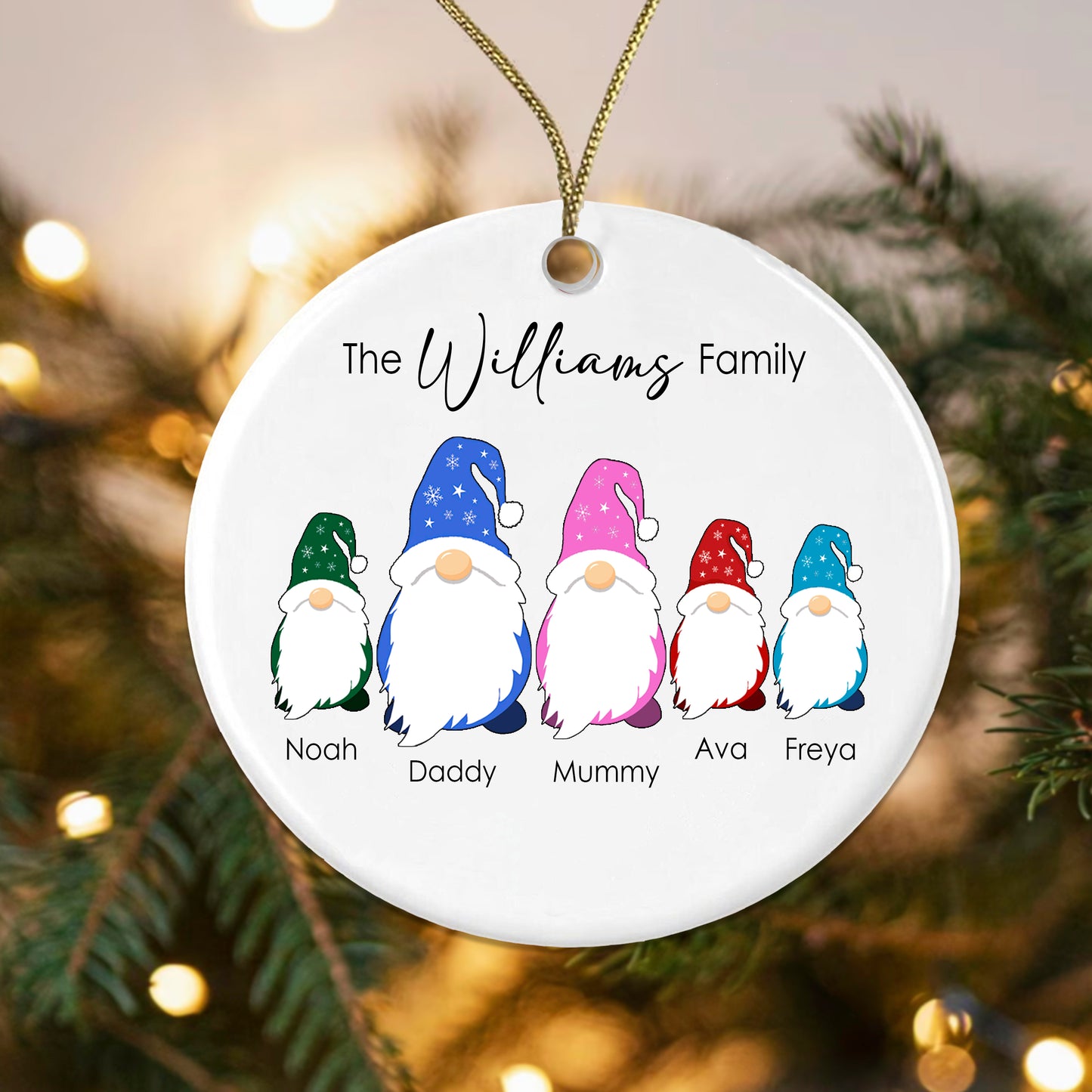 Personalised Gonk Family Christmas Bauble Ceramic - 3 Children Names + Surname - Gift Boxed