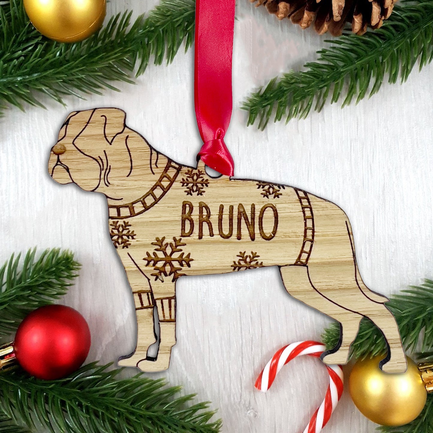 Personalised American Bulldog Bauble Jumper Dog Bauble - Oak Veneer Wood - Add any name