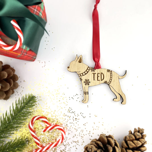 Personalised Boston Terrier Bauble Jumper Dog Bauble - Oak Veneer Wood - Add any name