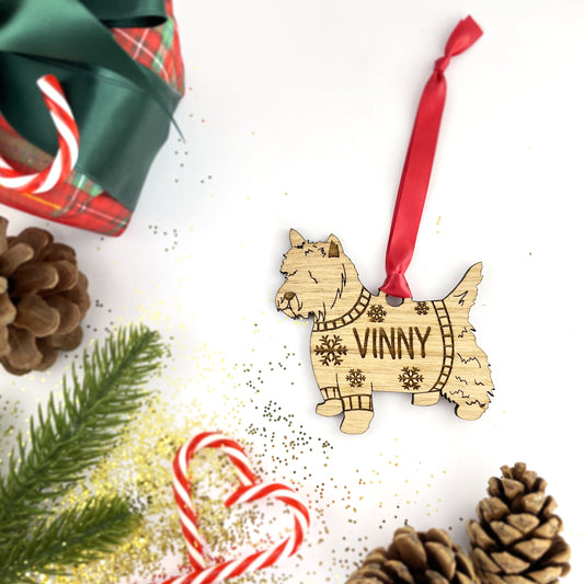 Personalised Westie Bauble Jumper Dog Bauble - Oak Veneer Wood - Add any name